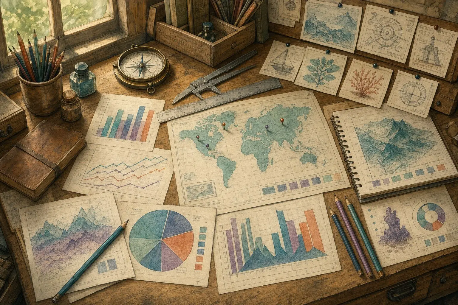 An illustrated drafting desk covered with hand-drawn charts, maps and graphs